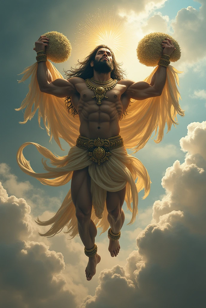Hanuman god old generation image carrying on his hand land flying in the sky .