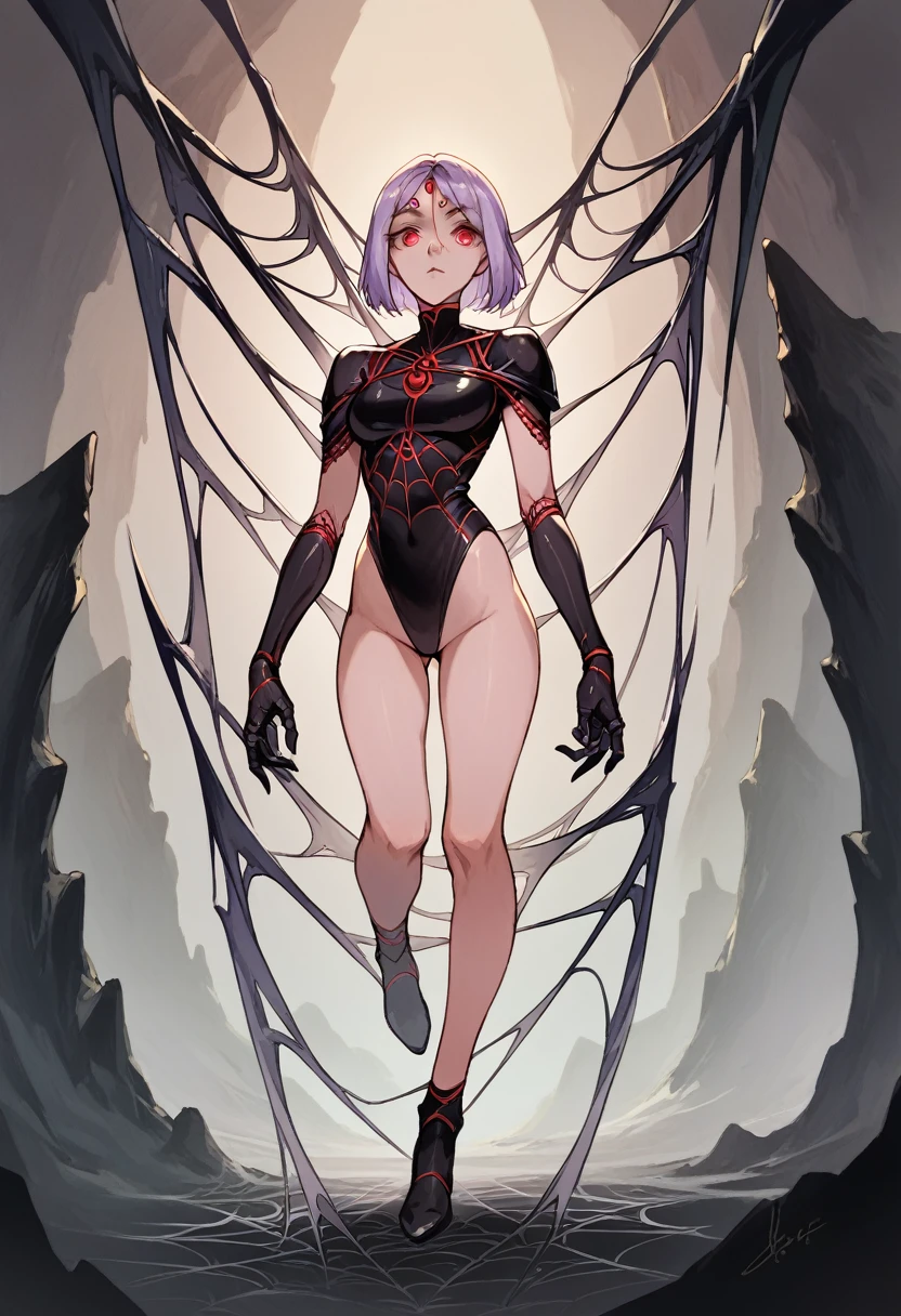 {masterpiece}, {best quality},1girl, light purple skin, shoulder length hair, red eyes, black leather coreset, human upper body, spider lower body, Drider(DND),full body, Cave(setting) spider webs (setting),no legs