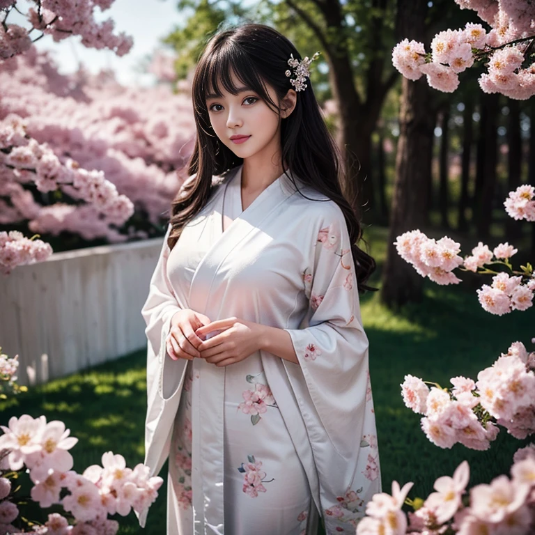 good quality, Delicate face,beautiful visual work, lifelike, eternity, black hair, Long curly hair, blunt bangs, Smile, Detailed Background, Delicate face,blush,cold,((masterpiece))、(top quality)、8k、high detail、Super detailed,31-year-old female, masterpiece、born、Scenes resembling fairy tale illustrations、intricate details和複雜的設計、Beautifully、magic、capricious、 Beautifully、Dream aesthetics、「𝓡𝓸𝓶𝓪𝓷𝓽𝓲𝓬、ethereal、charming、fickle、magic」、realism、Visual effects、FXAA、SSAO、Shader、voiceless、ambient lighting、Tone mapping、High resolution、Ultra high quality、Million pixels、(8K resolution:1.10)、8k、8k以下、8K resolution、high detail、intricate details, (high quality:1.2、masterpiece:1.2、:1.21)、(21 years old female:1.21)、(興奮地Smile)、(Surrounded by a dreamy atmosphere、Model diagram,full-body shot,Normal 2 feet,Put your hands behind you,The protrusion of the breast is visible when wearing clothes, Cherry blossoms:1.3, kimono:1.2,