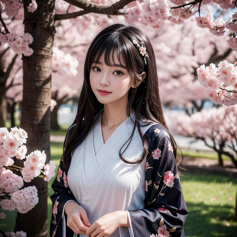 good quality, Delicate face,beautiful visual work, lifelike, eternity, black hair, Long curly hair, blunt bangs, Smile, Detailed Background, Delicate face,blush,cold,((masterpiece))、(top quality)、8k、high detail、Super detailed,31-year-old female, masterpiece、born、Scenes resembling fairy tale illustrations、intricate details和複雜的設計、Beautifully、magic、capricious、 Beautifully、Dream aesthetics、「𝓡𝓸𝓶𝓪𝓷𝓽𝓲𝓬、ethereal、charming、fickle、magic」、realism、Visual effects、FXAA、SSAO、Shader、voiceless、ambient lighting、Tone mapping、High resolution、Ultra high quality、Million pixels、(8K resolution:1.10)、8k、8k以下、8K resolution、high detail、intricate details, (high quality:1.2、masterpiece:1.2、:1.21)、(21 years old female:1.21)、(興奮地Smile)、(Surrounded by a dreamy atmosphere、Model diagram,full-body shot,Normal 2 feet,Put your hands behind you,The protrusion of the breast is visible when wearing clothes, Cherry blossoms:1.3, kimono:1.2,