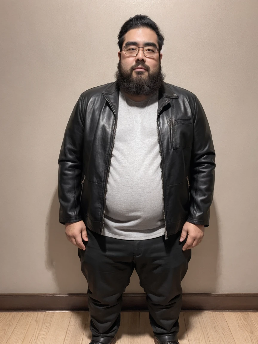 (Yossan), beard, Glasses, obesity, Black Leather Jacket, (full body)