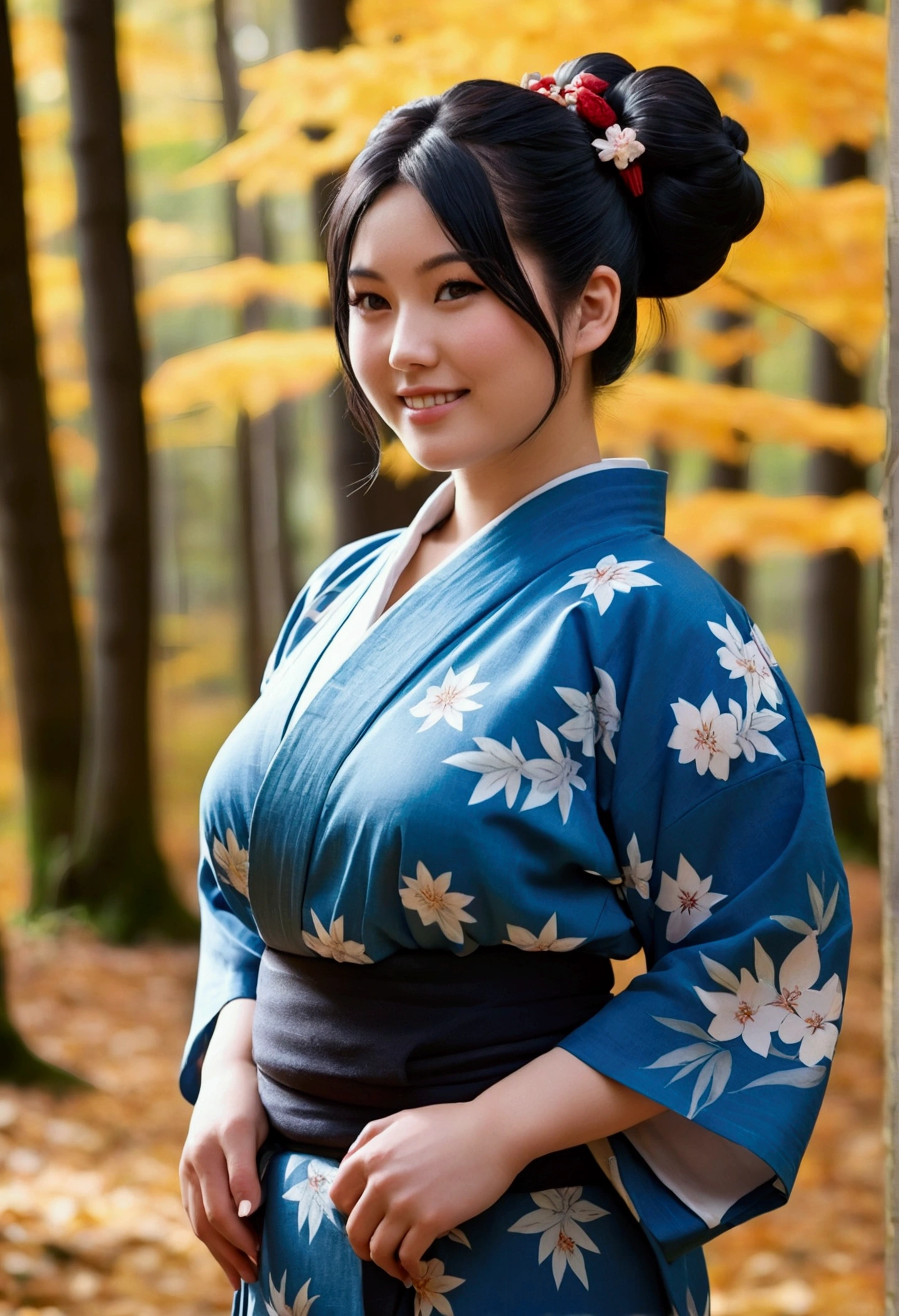 Female model,20 years old,Japanese ethnic group,thick body type,big breasts,tattooed white skin,big breasts,big ass thick thighs,facing a seductive smile,Black hair color,bun hair type,blue eye color,yukata clothing,whole body distance,dynamic angle,seductive pose action,autumn forest place,cinematic scene lighting,realism style