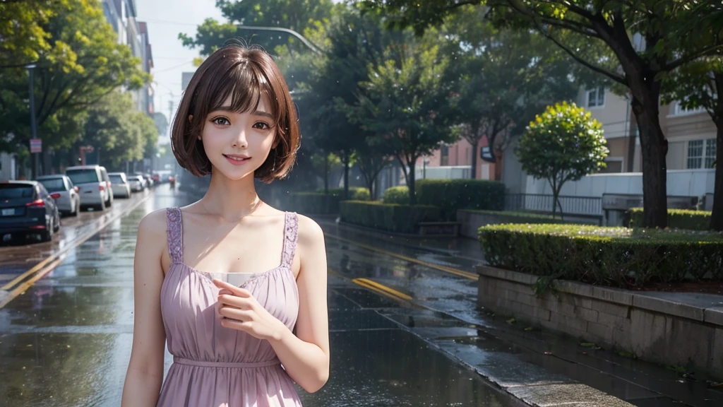 High resolution, Gaze, Heavy rain street trees, fine eyes, beautiful image, one beautiful woman standing, short cut, brown hair, bangs, light purple dress, 26 years old, nice smile, detailed skin,solo, chest, 