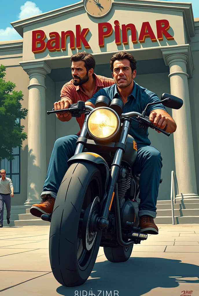 Theres 2 person (male) on a motorcycle who just arrived in bank building, the bank name is bank pinar