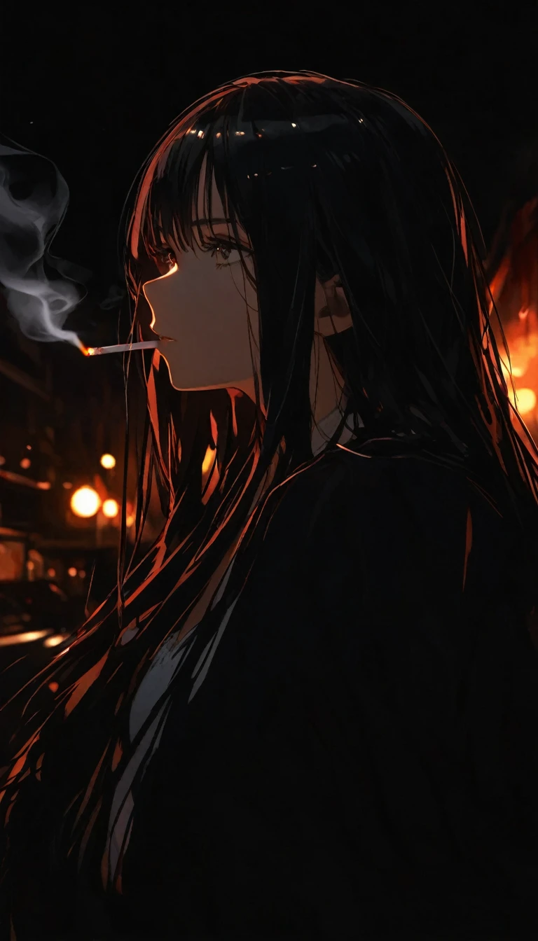 A woman holding a cigarette is gazing into the distance, Black Hair, Long Hair, The tip of the cigarette is red and smoking, Late at night, I&#39;m leaning my elbows on the balcony and looking at the stars, Wearing a tight black T-shirt and jeans, barefoot, I can see that the light in the room is leaking out a little., Unusual face, Handsome, sideshot, 30 years old, 