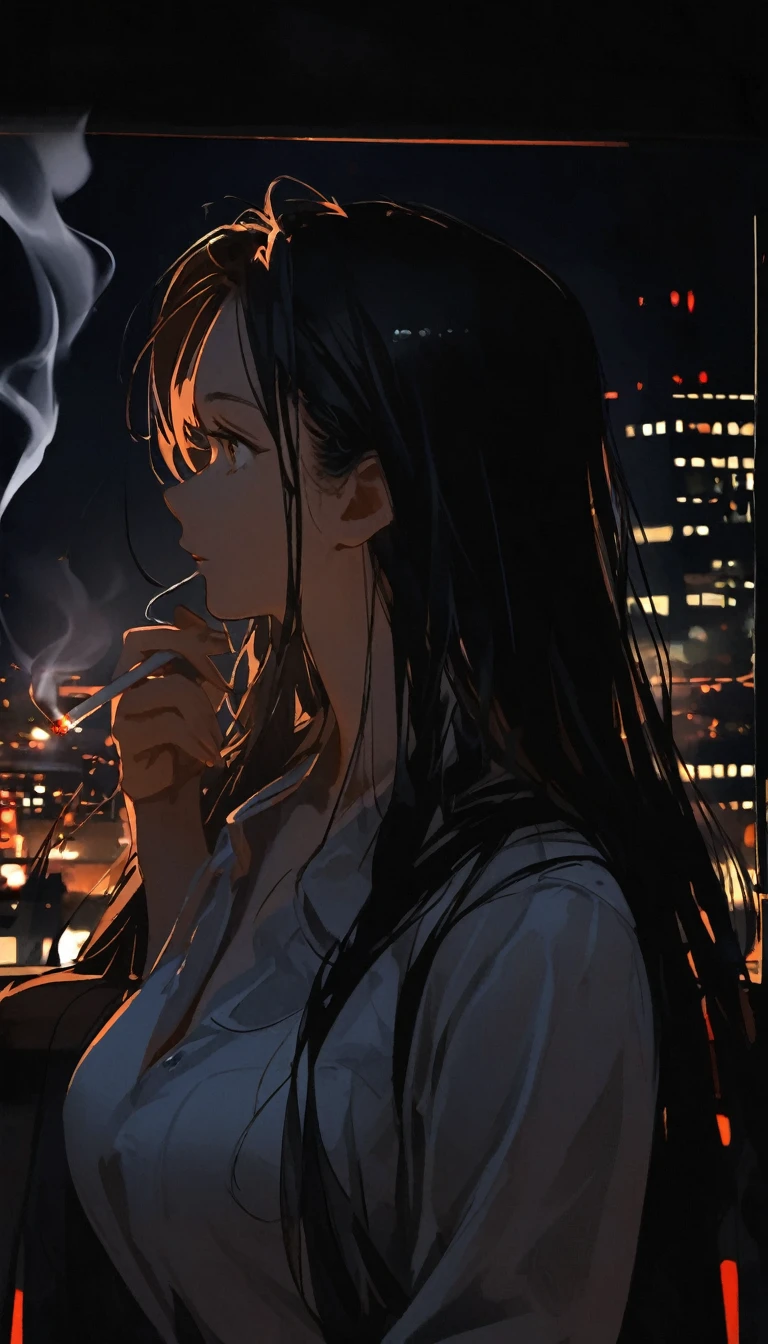 A woman holding a cigarette is gazing into the distance, Black Hair, Long Hair, The tip of the cigarette is red and smoking, Late at night, I&#39;m leaning my elbows on the balcony and looking at the stars, Wearing a tight black T-shirt and jeans, barefoot, I can see that the light in the room is leaking out a little., Unusual face, Handsome, sideshot, 30 years old, 