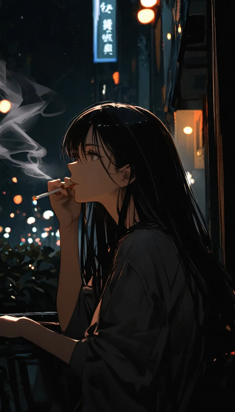 A woman holding a cigarette is gazing into the distance, Black Hair, Long Hair, The tip of the cigarette is red and smoking, Late at night, I&#39;m leaning my elbows on the balcony and looking at the stars, Wearing a tight black T-shirt and jeans, barefoot, I can see that the light in the room is leaking out a little., Unusual face, Handsome, sideshot, 30 years old, 