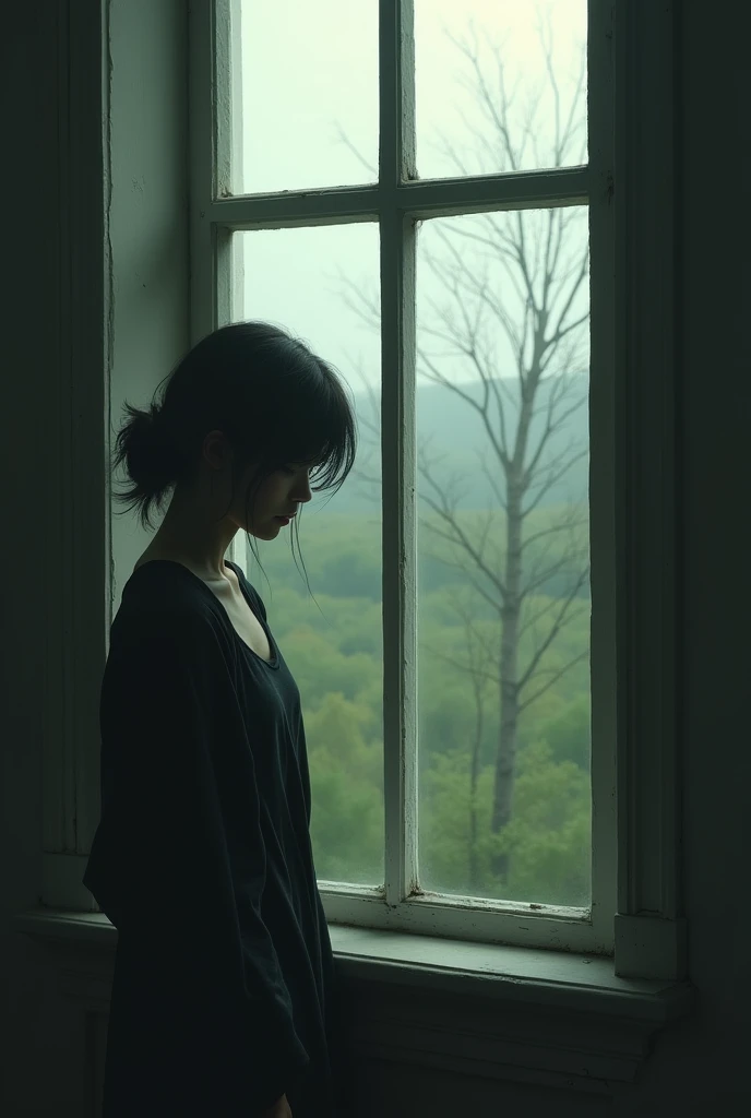 The model is standing beside window and Cry in landscape fram