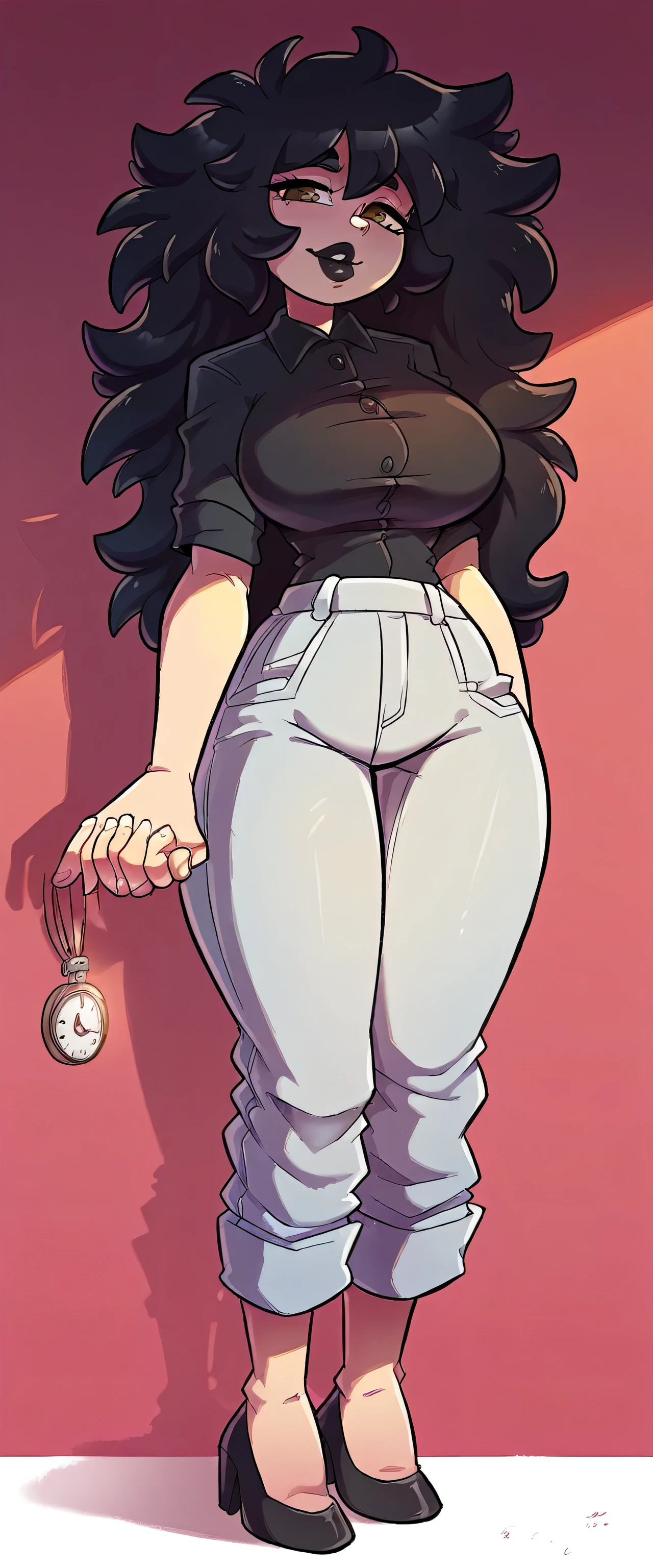 A tall girl with large breasts, beautiful, pretty, sexy, with wavy black hair, messy hair, brown eyes, black lips, wearing a black button-down shirt and tight white pants, big, sensual thighs, black heels, hand holding a compass and pliers.