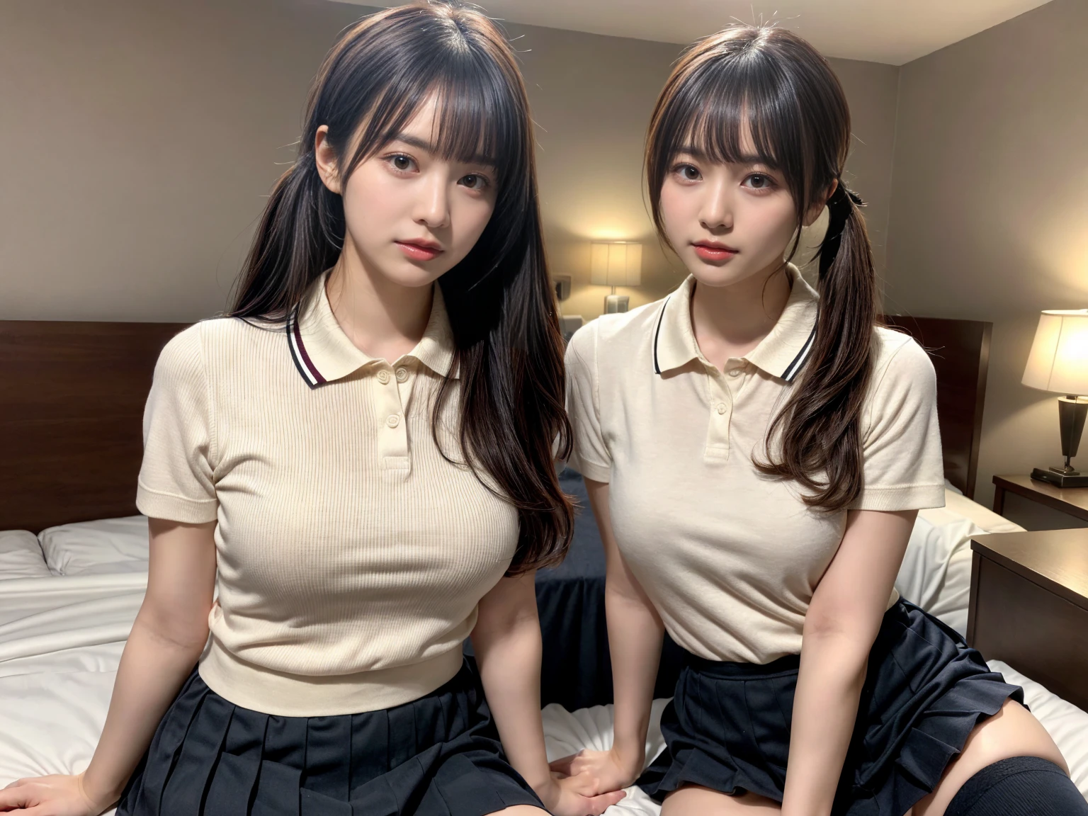 masterpiece, best quality, illustration, Super detailed, fine details, High resolution, 8K,wall paper, perfect dynamic composition,(Details High quality, realistic depiction of eyes:1.3), (2 girls), (collared polo shirt), pleated skirt, knee high socks, twin tails, sitting, open legs, in a hotel room in the background, deep on field, large breasts, black hair color, Big Natural Color Lip, (perfect body shape), crying a little、Harajuku style、20 year old girl、cute type、beautiful legs, Gravure Idol