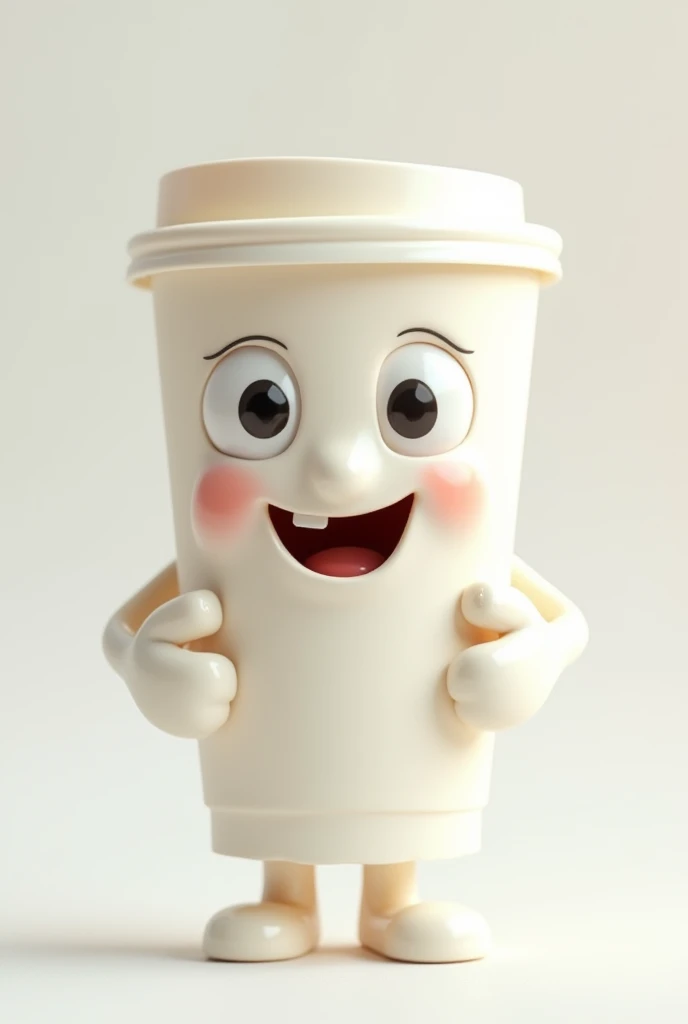 White animated gelatin disposable cup with eyes and hands with white gloves
