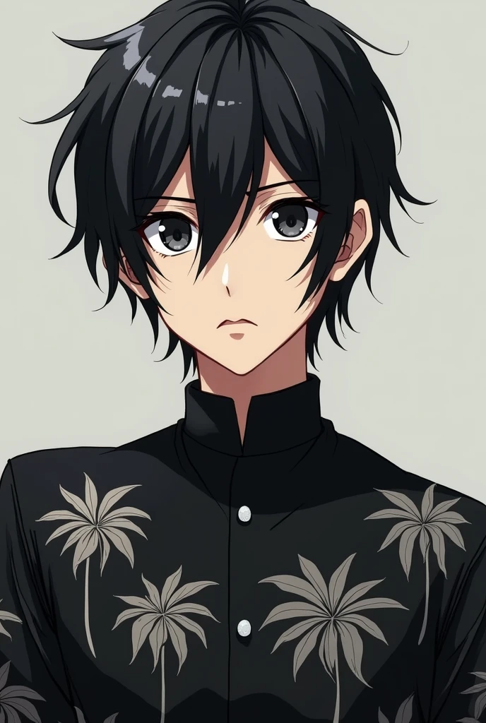 Anime, boy, black hair, black eyes, palm tree pattern black shirt, height 183, curtain haircut, , serious face