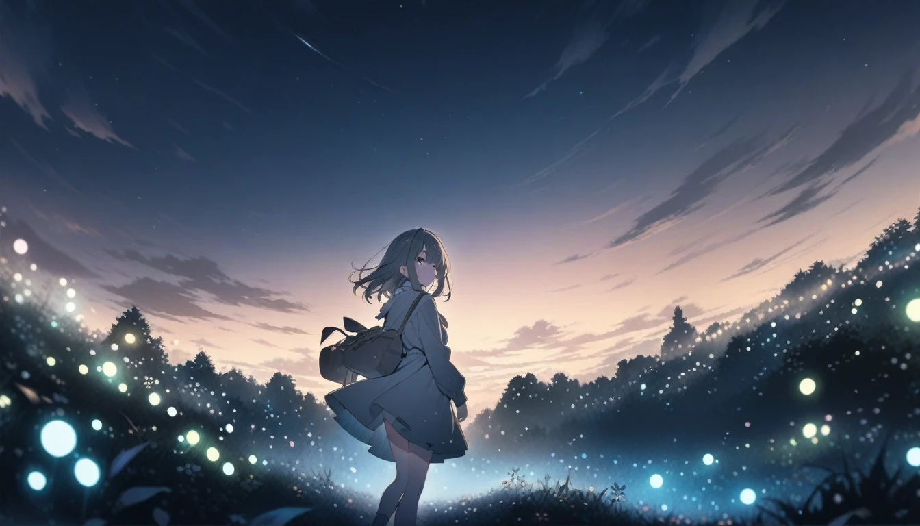 ((style:Colored pencil,pale colour)),(anime)、(masterpiece:1.2),Atmospheric perspective,Lens flare,one person's, Firefly Garden, Many small lights and fireflies are flying around