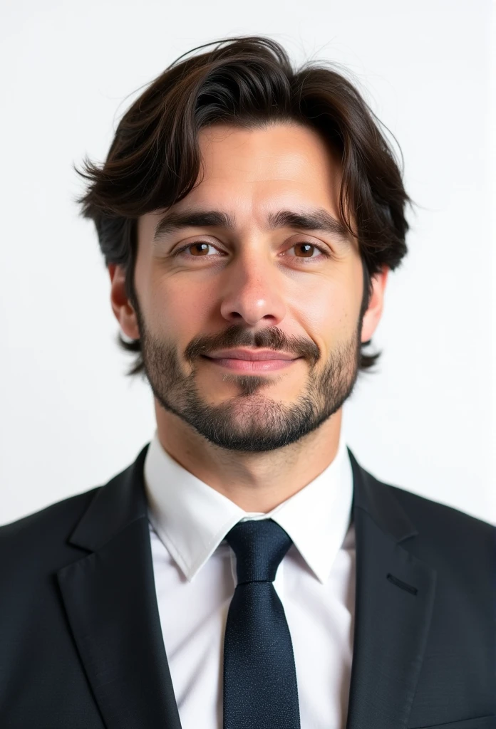 Create a realistic passport-style photo of a man in his 30s, with dark brown hair, a normal build, and light stubble. The man should be wearing a formal suit with a tie, and the background should be plain white, adhering to passport photo requirements. His hair should be of medium length, slightly unkempt, and not overly styled, giving a natural look. The image should resemble a real photograph taken in a professional studio."
