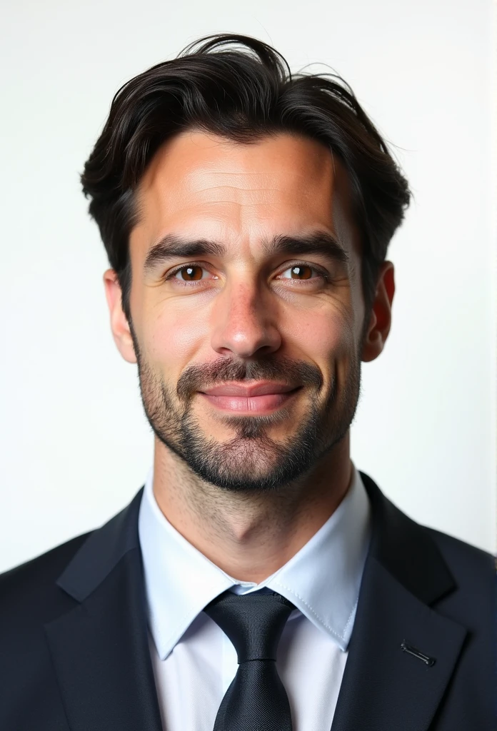 Create a realistic passport-style photo of a man in his 30s, with dark brown hair, a normal build, and light stubble. The man should be wearing a formal suit with a tie, and the background should be plain white, adhering to passport photo requirements. His hair should be of medium length, slightly unkempt, and not overly styled, giving a natural look. The image should resemble a real photograph taken in a professional studio."