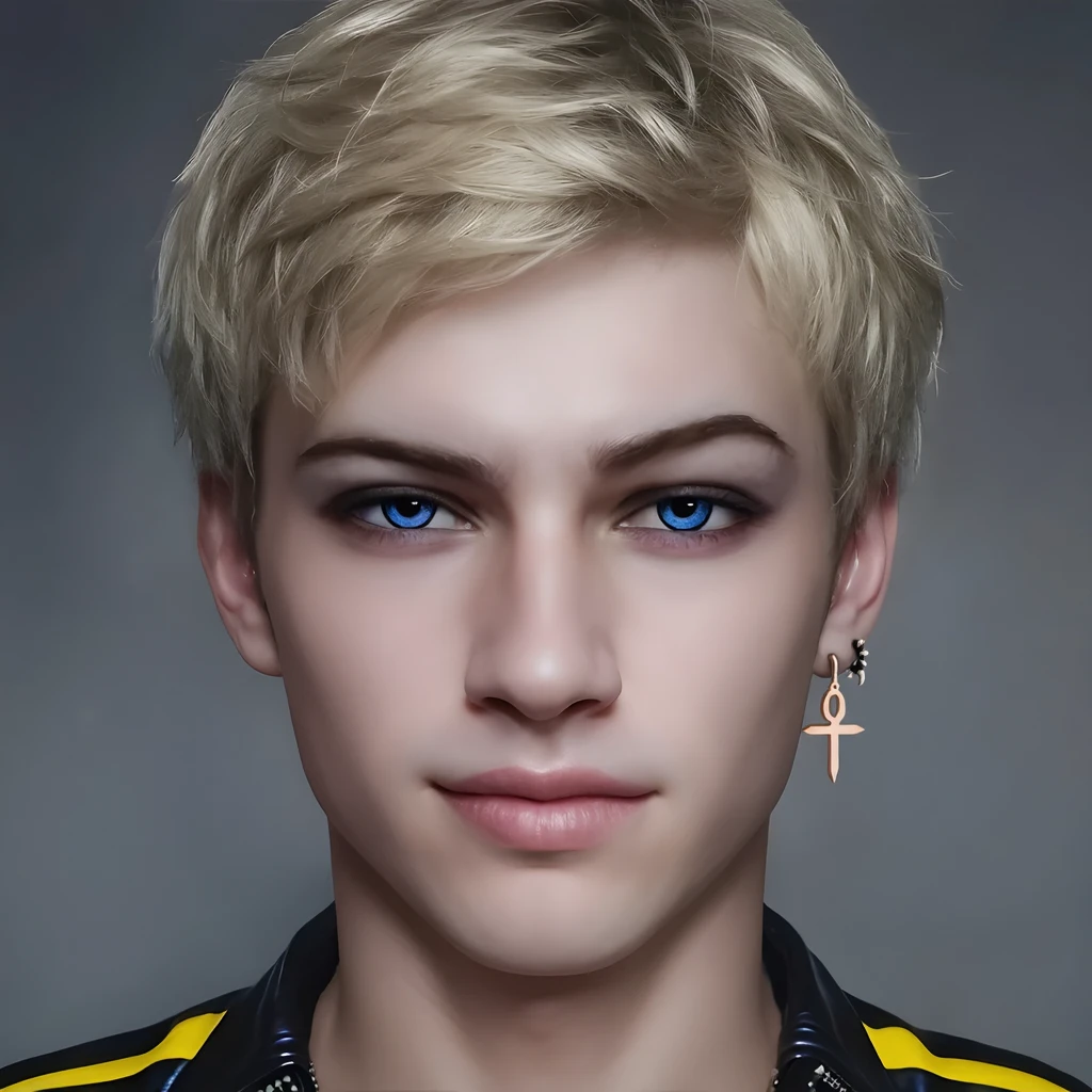 22-year-old male boyish fashion model, lean figure, short platinum blond layered hair with side swept bangs, black leather jacket with yellow accents, rose gold ankh earring, black and silver fangs hoop earring, Germanic-Icelandic features, smirking expression, photorealistic, cinematic