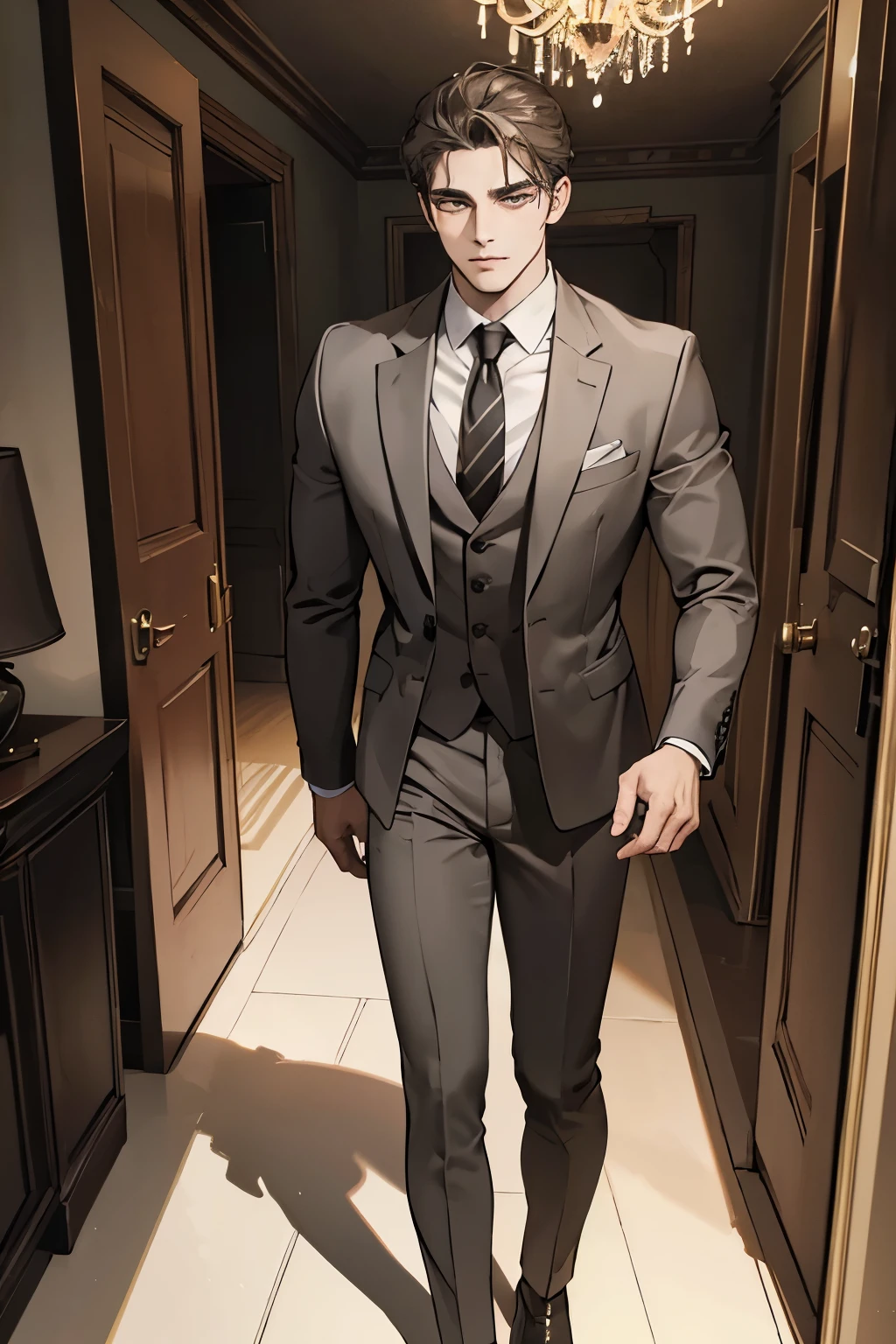 ((best quality)), ((masterpiece)), (detailed), A handsome man in a brown gray suit，A bodyguard in dark clothes，Two people walked up the stairs of the villa to the living room，Perfect face perfect hands