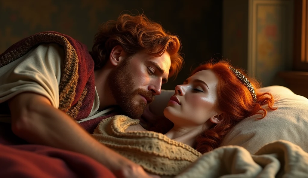 (best quality: 1.4), (Ultra Highres: 1.2), (photorealistic: 1.4), (8k, RAW photo: 1.2). The description of King David's physical appearance is not detailed in the biblical narrative, but her origin suggests that she probably had similar characteristics to other people in the region. He has beautiful red hair and a beard. Without historical-cultural context, the story of the man with the appearance of a King, he is lying in his bed with a woman with a Samaritan appearance, his wife, a romance scene