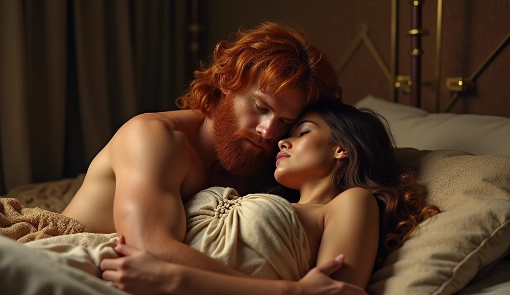 (best quality: 1.4), (Ultra Highres: 1.2), (photorealistic: 1.4), (8k, RAW photo: 1.2). The description of King David's physical appearance is not detailed in the biblical narrative, but her origin suggests that she probably had similar characteristics to other people in the region. He has beautiful red hair and a beard. Without historical-cultural context, the story of the man with the appearance of a King, he is lying in his bed with a woman with a Samaritan appearance, his wife, a romance scene