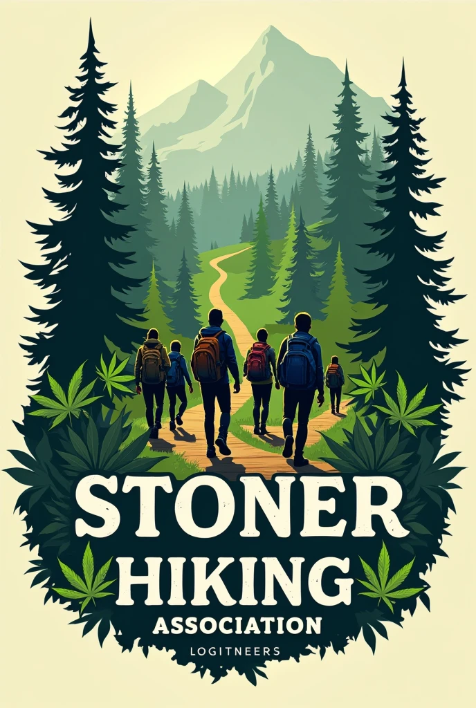 Hiking club logo that smoke weed with name "Stoner Hiking Association" around it, make the weed plants more subtle, make it more cool