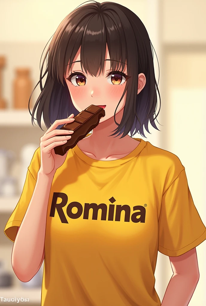 Une fille  avec un taille moyenne avec un mot Romina sur son tee-shirt jaune qui mange une chocolat 