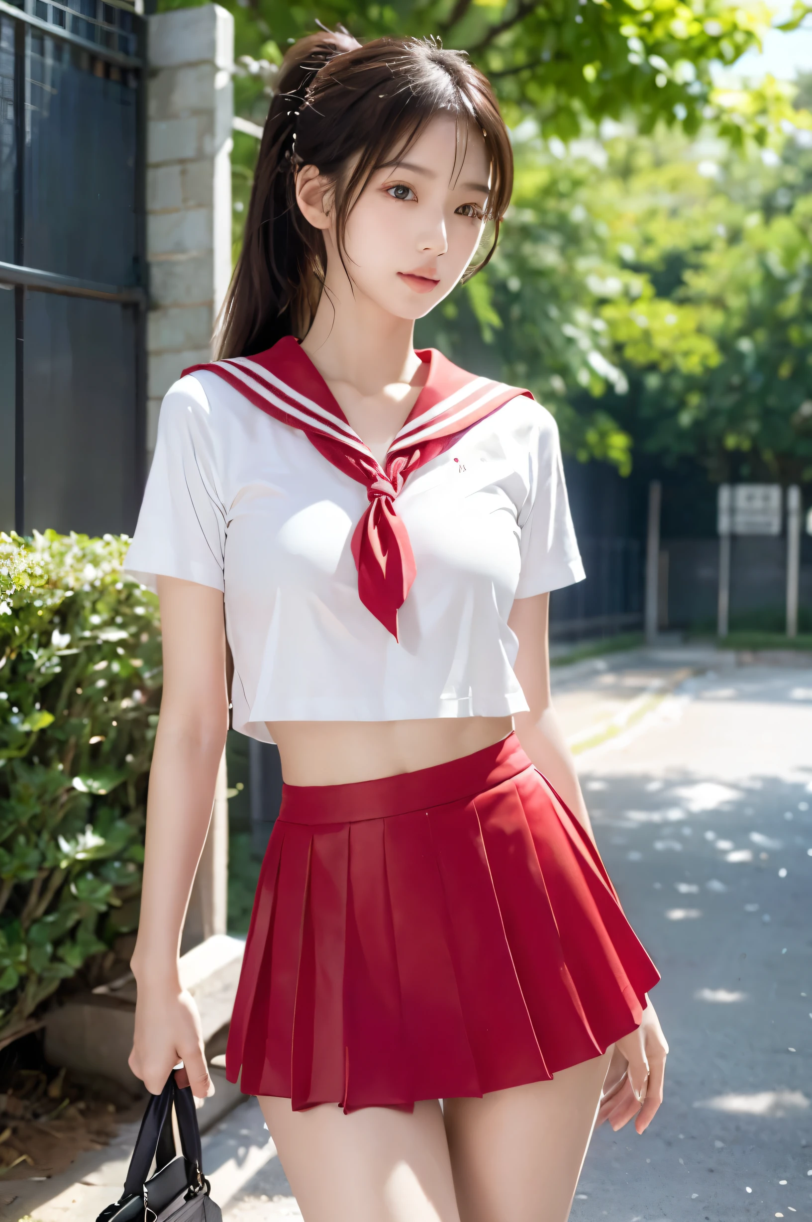 (Ultra HD), (Red sailor suit, Red short skirt), Big Breasts, slender, Narrow waist, (The belly button is visible:0.8), whole body, Standing posture, (Beautiful Skin, Shiny skin, White skin), (Super slim face, Super beautiful face, No makeup), (ponytail, Layered Cut, Fluffy hair), (double eyelid, Slanted Eyes), Small Nose, Thin lips, Thin legs, In front of the school gate
