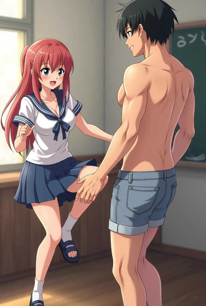 Busty topless anime girl kicking her naked male teacher in the balls