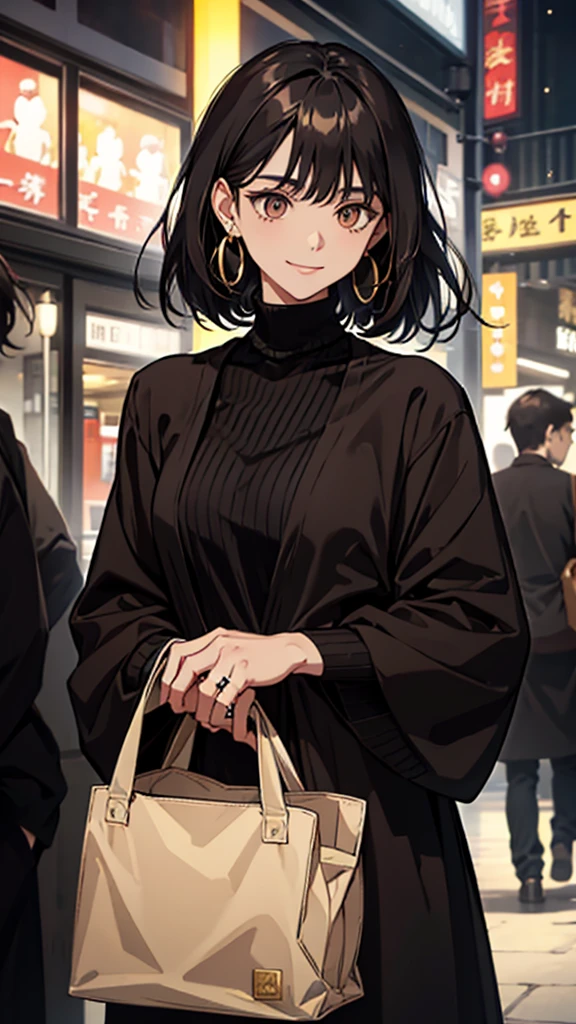 、A lonely smile、Black medium hair、Black and gold eyes、large ring earrings、Brown clothes、Brown long sleeve knit dress、Black small bag、Upper Body