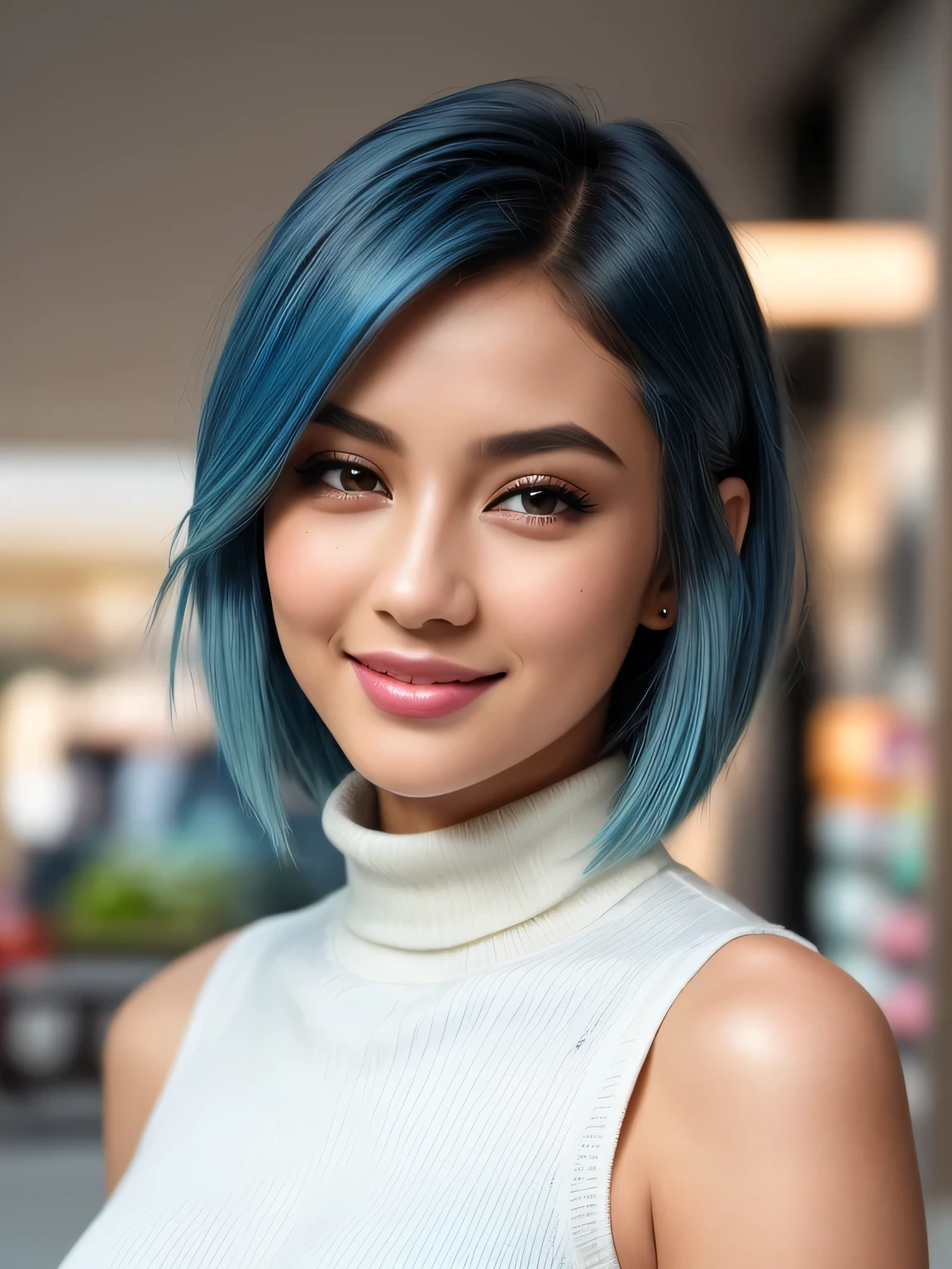 (blue hair:1.4), short hair, realistic green eyes, cobalt hair, long bob hair, tousled hair, shoulder length hair, Full body, woman with white skin and Asian features, 24 year old, big breast. She has a small, elegant nose with a slight upward curve at the tip. Her lips are full and naturally pink, with a well-defined Cupid's bow. Her teeth are straight and white, enhancing her captivating smile. Her face has an oval shape with high cheekbones that add to her model-like appearance. (crack), detailed (texture!, shine, color!!, flaws: 1.1), highly detailed glowing eyes, (looking at camera), specular light, dslr, extreme quality, crystal clear, cute face, detailed skin pores, oil Dark skin, brown, complex eye details, she is far from the camera, A full-body portrait, captured from a distance. Dynamic Frame, 8K, Best Quality, Realistic, full body Realism, beautiful hairstyle, Dynamic Frame, Beautiful girl standing in front of a store in a shopping mall, (Surreal,High resolution, Very detailed:1.2), (8k), , (highest quality), (Very detailed), (( Mastepiece)),highest quality,Very detailed, Beautiful woman standing wearing a dark red checked single-breasted blazer ,break, White turtleneck sweater, High-waisted flared jumper skirt with blue belt, (Ultra-realistic pantyhose), full body shot、 Medium Bob, Fine and beautiful eyes, Cute face, bust, Big Boss, Fine and beautiful features, Captivating smile, (short hair:1.3)