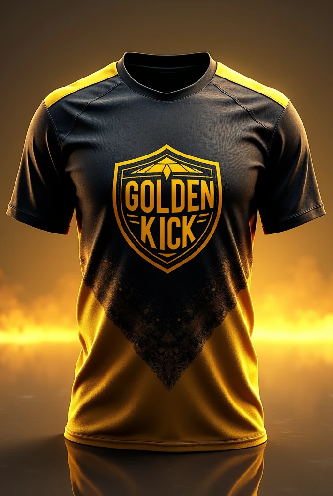 Create a black and gold team shirt with a shield whose theme is GOLDEN KICK, I want gold at the beginning, a gradient in the middle and black on top.