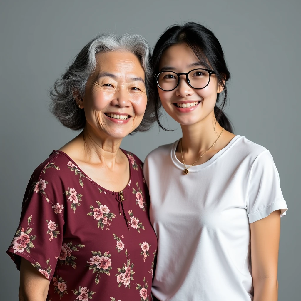photorealisic portrait taken at studio, family photo shows a lady of 55-yo, together with her granddaughter of age 19, asian female, they are having different figures: "the lady has round face, nice smile, medium-grey short curly hair, wearing burgundy-red floral pattern causal dress"; "the young granddaughter is age of 19, is a post-secondary school student , wears white t-shirt casual wear, one length black hair, wear black-framed glasses", in flat grey background