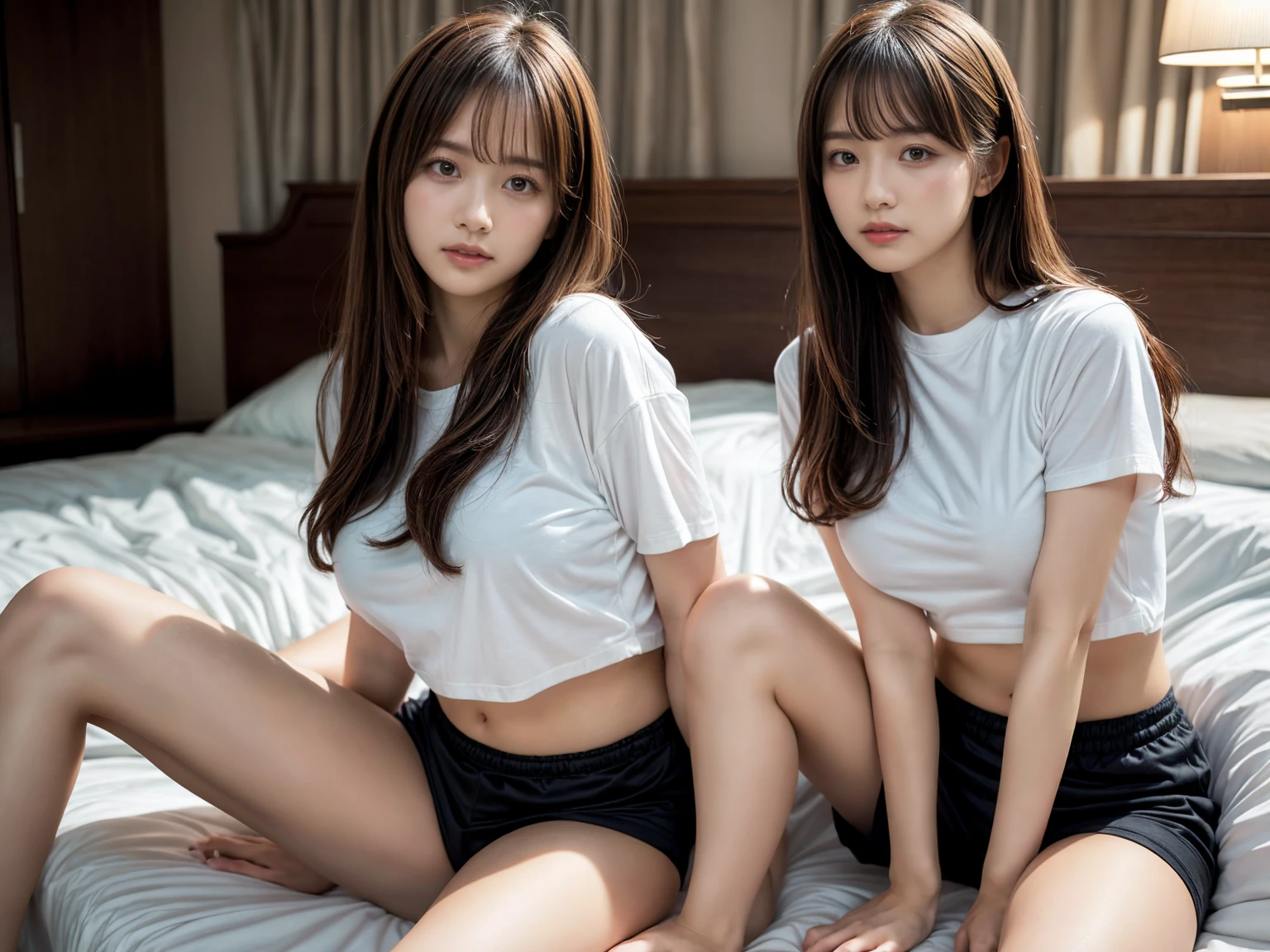 masterpiece, best quality, illustration, Super detailed, fine details, High resolution, 8K,wall paper, perfect dynamic composition,(Details High quality, realistic depiction of eyes:1.3), (2 girls), oversized sport shirt, shorts women, sitting, open legs, short bob hair, in a hotel room in the background, deep on field, large breasts, black hair color, Big Natural Color Lip, (perfect body shape), crying a little、Harajuku style、20 year old girl、cute type、beautiful legs, Gravure Idol