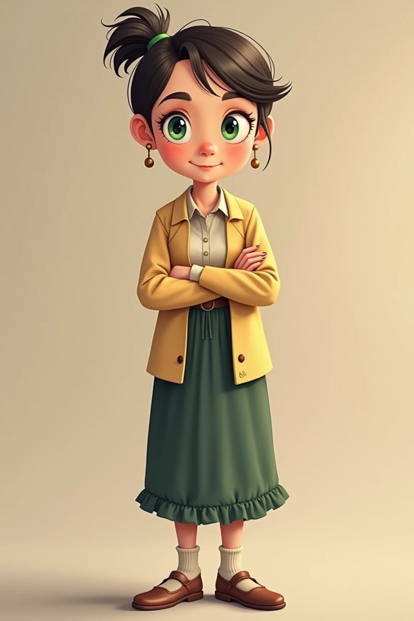 Funny cartoon of a fat young woman with green eyes and short golden hair, modest clothing