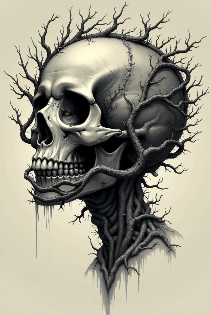 branches and thorns on skull, to stay in the background, 2d, not realistic