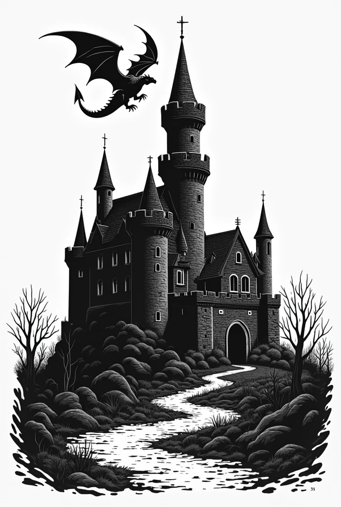 Black and white woodcut, castle being main, small flying dragon.