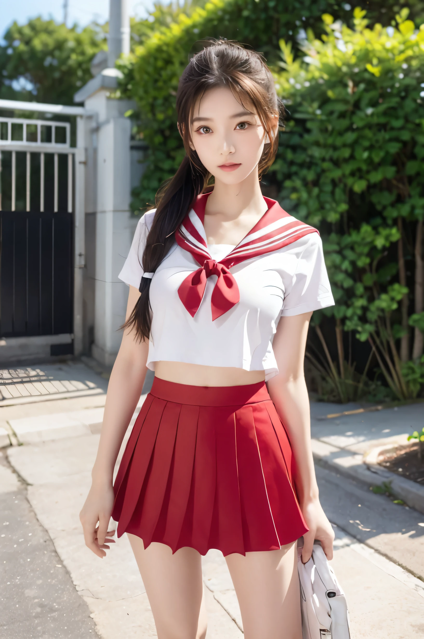 (Ultra HD), (Red sailor suit, Red short skirt), Big Breasts, slender, Narrow waist, (The belly button is visible:0.8), whole body, Standing posture, (Beautiful Skin, Shiny skin, White skin), (Super slim face, Super beautiful face, No makeup), (ponytail, Layered Cut, Fluffy hair), (double eyelid, Slanted Eyes), Small Nose, Thin lips, Thin legs, In front of the school gate