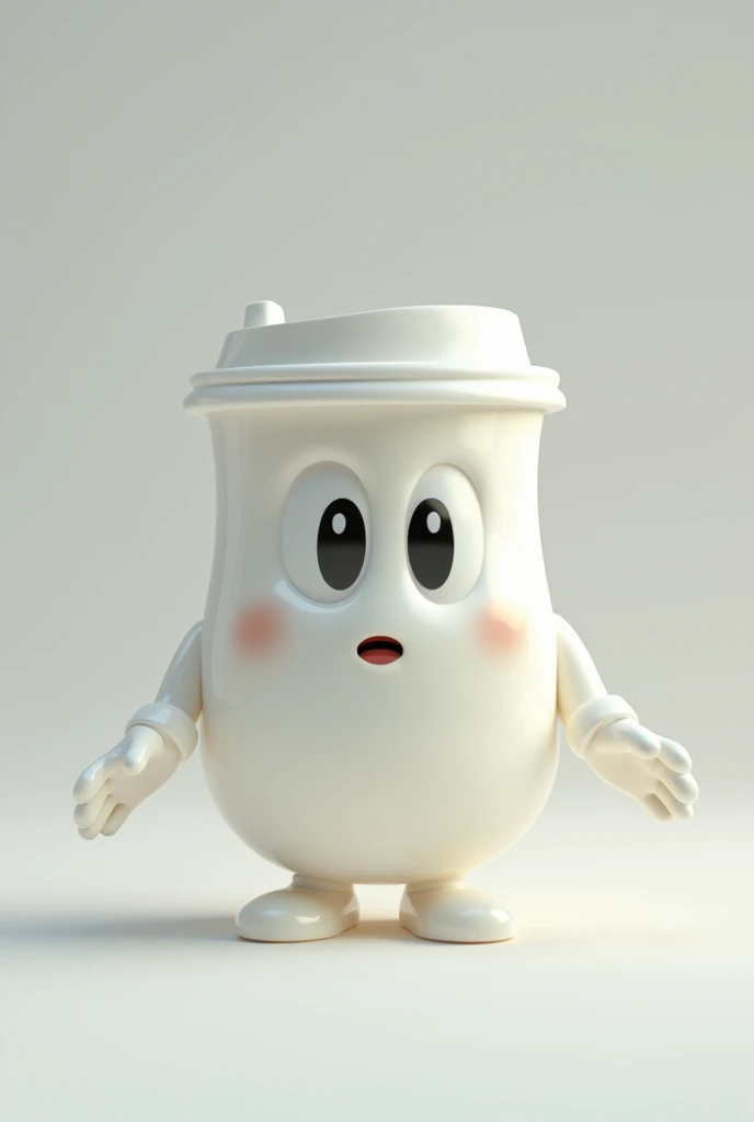 Disposable cup with white animated gelatin with eyes and hands with white gloves