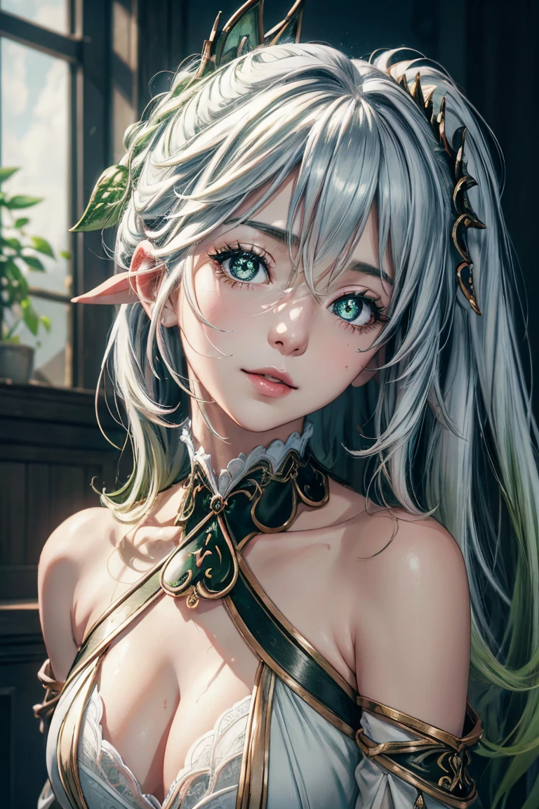 face close up, detailed digital anime art, Anime with small details., Best Quality, masterpiece, ultra detailed, beautiful, High resolution, original,Ultra-realistic 8k CG, perfect work of art, beautiful face, Facial Cleansing, fur, Hyper realistic, ultra detailed, A detailed eye, dramatic lighting, (realist) realist, full hd, Best Quality, Best Quality, beautiful lighting, (Extremely detailed CG unit 8k wallpaper), High details, sharp focus, The art of dramatic and photorealistic painting., sexy clothes, lustful smile, lust, Tight clothing, pretty eyes, bare shoulders, chest neckline,