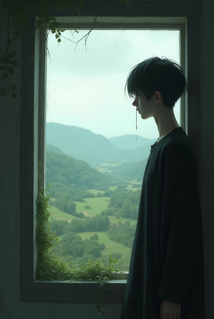 A landscape fram
The model is standing beside window and Cry 
