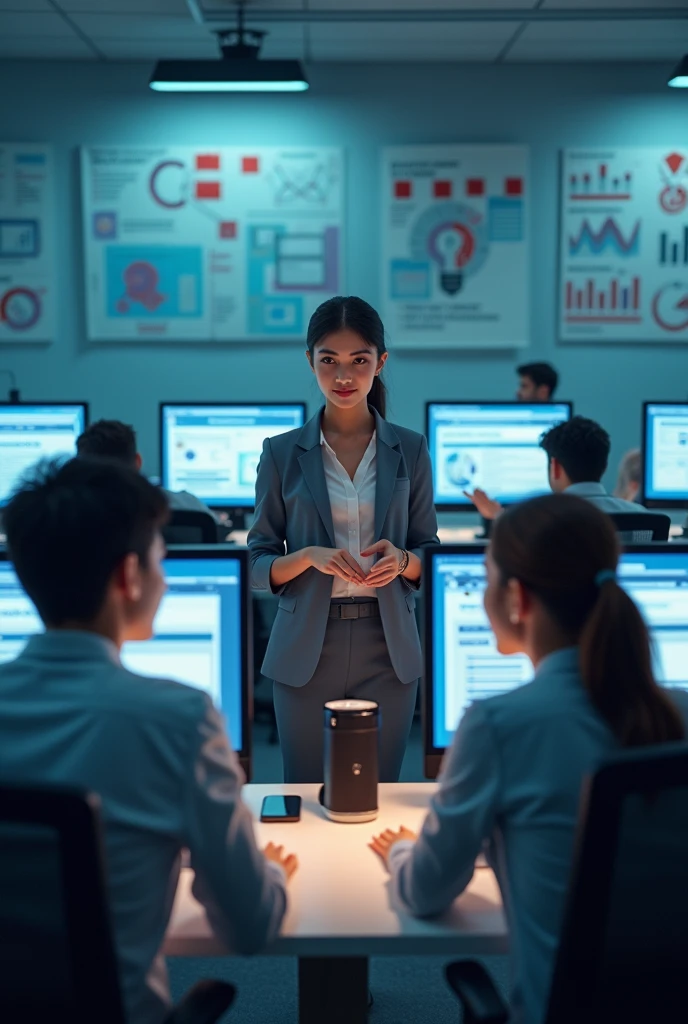 A teacher in a computer room with her students