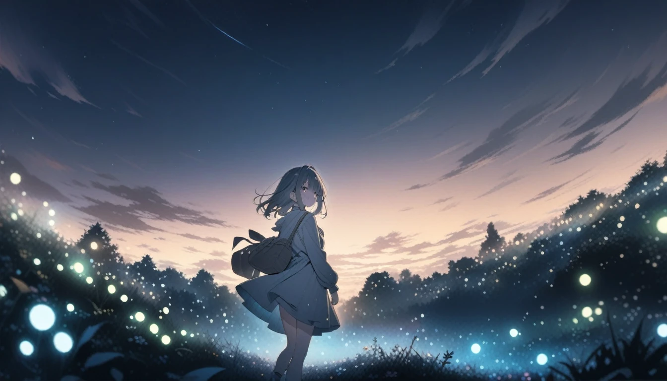 ((style:Colored pencil,pale colour)),(anime)、(masterpiece:1.2),Atmospheric perspective,Lens flare,one person's, Firefly Garden, Many small lights and fireflies are flying around