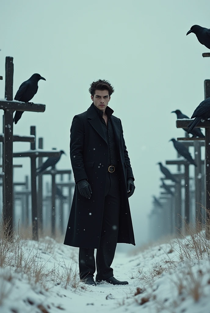 Handsome guy, in black clothes. Wide, black pants, and a long, black coat. Even and beautiful facial features, as well as dark hair. Everything is done in realism, more reality and the guy himself is real. it is winter, he is wearing a slightly warm coat. also, there are a lot of crows and snow, blockages, crosses everywhere 