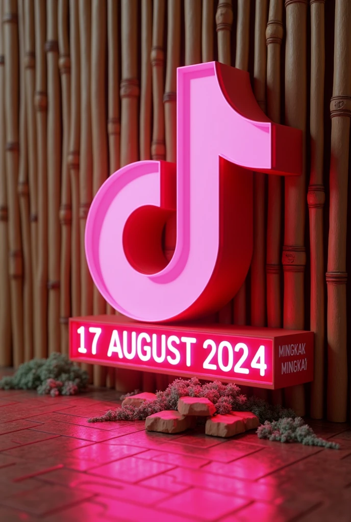 Create a realistic 3D TIKTOK mockup logo on a bamboo wall with the number '17 AUGUST 2024' at the end and include the Username 'MINGKAK'. clearly using pink and brown colors, detailed and clear creation.capital bold glowing font