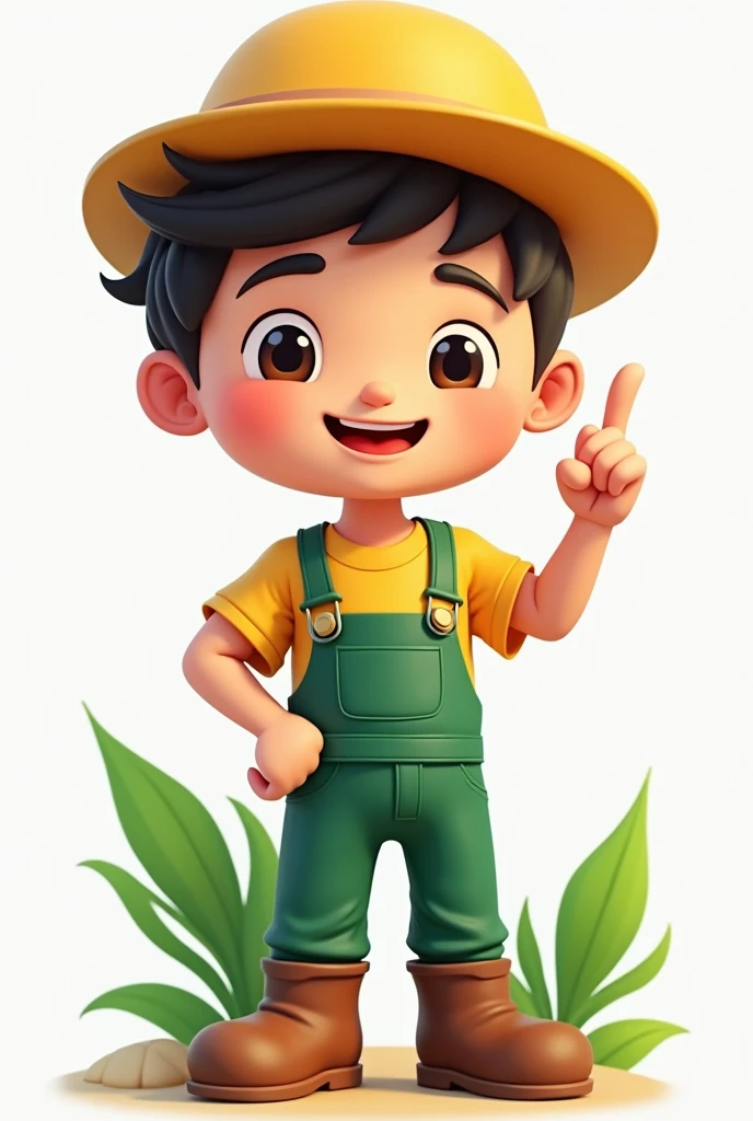 Create a humanized male mascot for Agribusiness inspired by the style of the Casas Bahia mascot. The mascot must be in the adolescent stage, with friendly and approachable behavior. Use a color palette that highlights green and yellow, reflecting the brand&#39;s connection with agriculture and Brazil. The mascot must have elements that represent the field, like a hat, overalls or boots, with subtle details like leaves or crops integrated into the design. The overall appearance should be modern and identifiable., with a youthful teenage energy that appeals to a wide audience.