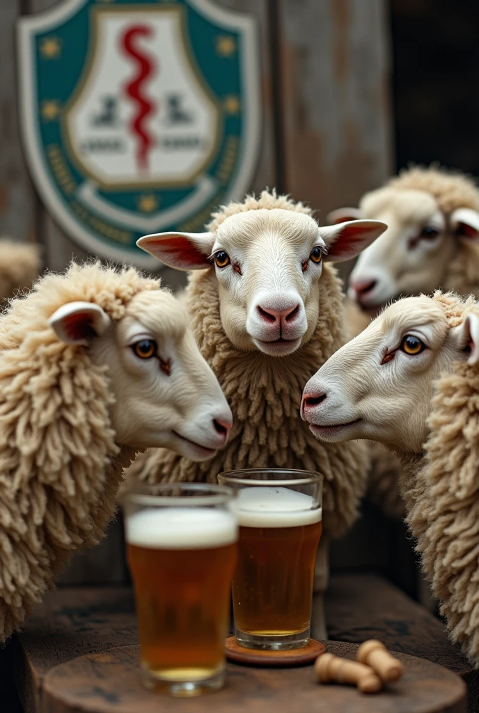 Angry and angry Texel sheep, drinking beer with veterinary course emblem