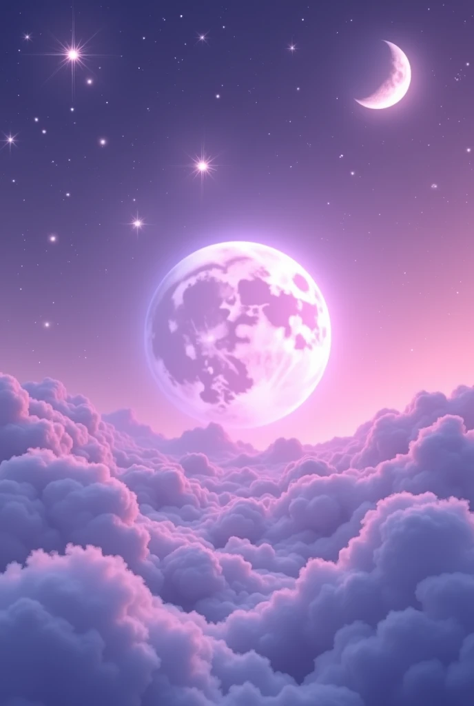 A lilac sky and a large waning moon in the center with many large white stars