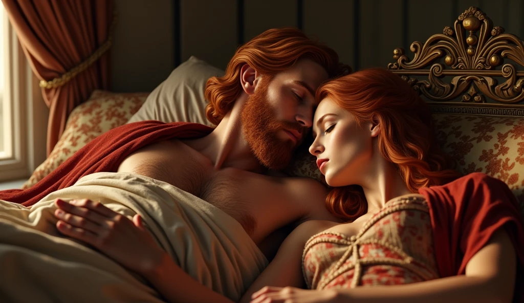 (best quality: 1.4), (Ultra Highres: 1.2), (photorealistic: 1.4), (8k, RAW photo: 1.2). The description of King David's physical appearance is not detailed in the biblical narrative, but her origin suggests that she probably had similar characteristics to other people in the region. He has beautiful red hair and a beard. Without historical-cultural context, the story of the man with the appearance of a King, he is lying in his bed with a woman with a Samaritan appearance, his wife, a romance scene