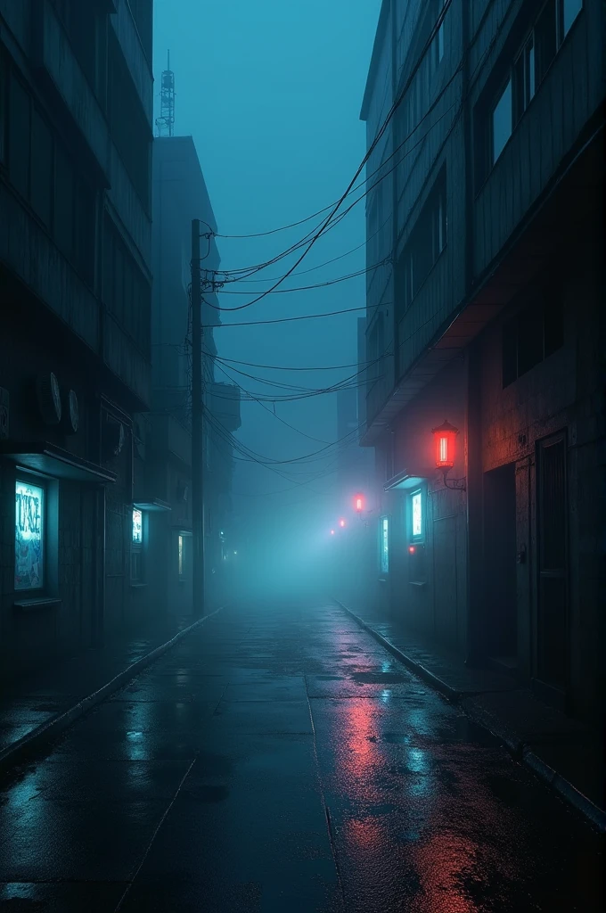 Dark street, wet asphalt, reflections of rays in the water. Abstract dark blue background, smoke, smog. Empty dark scene, neon light, spotlights. Concrete