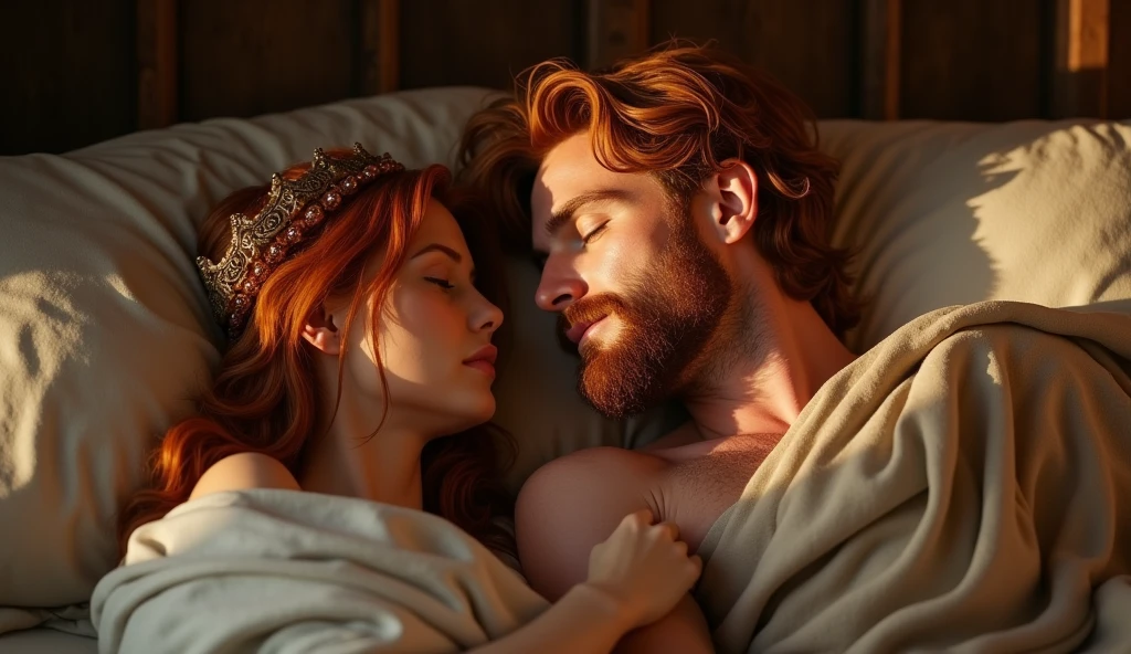 (best quality: 1.4), (Ultra Highres: 1.2), (photorealistic: 1.4), (8k, RAW photo: 1.2). The description of King David's physical appearance is not detailed in the biblical narrative, but her origin suggests that she probably had similar characteristics to other people in the region. He has beautiful red hair and a beard. Without historical-cultural context, the story of the man with the appearance of a King, he is lying in his bed with a woman with a Samaritan appearance, his wife, a romance scene