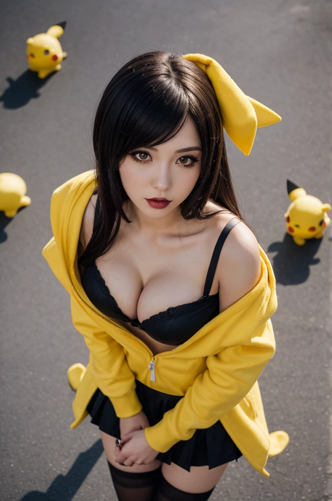((high detailed, best quality, 4k, masterpiece, hd:1.3)), ((best quality)), (((HD))), (((8k))), (ultraDH), (ultra HD), araffe in a yellow costume with a hoodie on, long black scene emo hair, anime girl cosplay, 🐿🍸🍋, anime cosplay, anime girl in real life, full-cosplay, Julzzess, ig model | JULES, better known as Julzzess, professional cosplay, cosplay, pikachu as a human, (breast focus), (arms outstreched:1.2), (from above:1.3), (breasts out:1.3), (off shoulder:1.1), (goth makeup), (perfect hands, perfect anatomy)